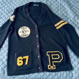 Polo by Ralph Lauren Navy and Yellow Varsity Knit Cardigan